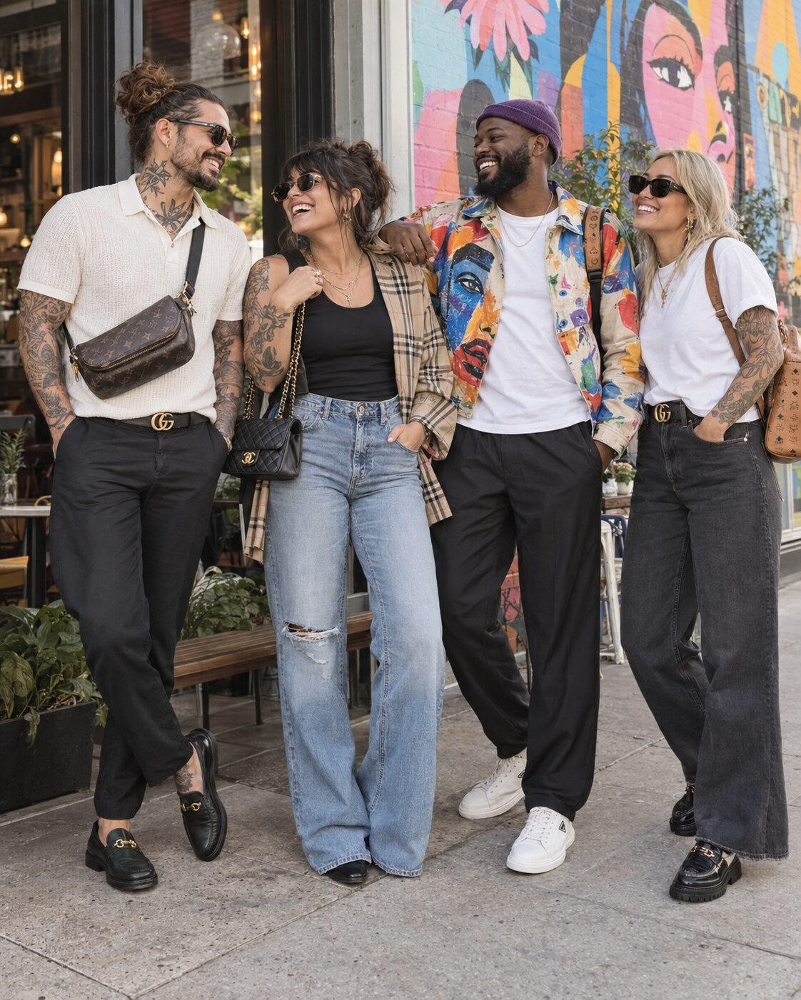 Tattooed women and men in casual designer resale looks outside a colorful café