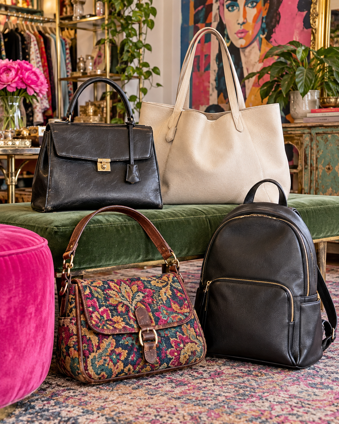 A curated collection of pre-owned purses and a black designer-style backpack